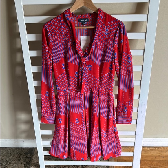 Modcloth NWT Pleasant Confidence Tie-Neck Dress Red and Blue Print Size 6 - Picture 4 of 16
